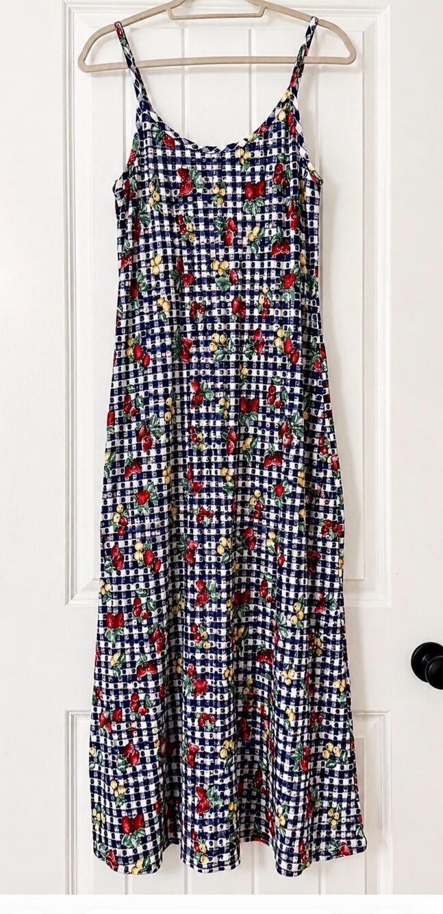 Vintage 90s Tickets Clothing Maxi Dress: Navy Gingham Fruit Print Sundress